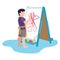 Little kid standing near easel drawing aquarelle picture, character children paint picture cartoon vector illustration