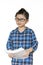 Little kid waring glasses ready for a classroom on white background, Back to school