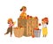 Little Kids Harvesting Gathering Ripe Apple Fruits in Basket and Wooden Crate in the Garden Vector Illustration