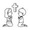 Little kids kneeling with cross first communion