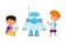 Little Kids Repairing and Configurating Robot with Laptop Vector Illustration
