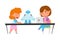 Little Kids Sitting at Table and Configurating Robot with Laptop Vector Illustration