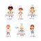 Little Kids Standing at Kitchen Table and Cooking Learning Verbs Vector Set