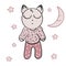 A little kitten goes to bed, a baby kitten goes to bed,a baby kitten sleeps, in a polka-dot jacket and polka-dot pants, with a moo