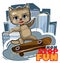 Little Kitten skateboard. Cartoon style. Childrens urban sports non stop. Cute baby skater rides on board on asphalt