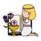 little kneeling girl with bible and flowers first communion