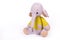 Little knitted baby elephant on white background. Baby elephant toy sitting on white background
