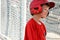 Little league baseball player in dugout