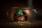 little leprechaun peeks out of the pot with rainbow coins Ai generated.