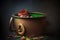 little leprechaun peeks out of the pot with rainbow coins Saint Patricks day concept