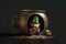 little leprechaun peeks out of the pot with rainbow coins Saint Patricks day concept