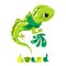 Little light green lizard in a green scarf, cute baby cartoon lizard character with big eyes. Made in a flat style, for children`