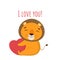 A little lion holds a heart in his hands. Greeting card for valentines day. Vector illustration for designs and print.