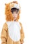 Little lovely asian boy costumed like a lion and looking ahead