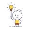Little man character having an idea. Vector thin line doodle icon illustration with little person with lightbulb. Searching for