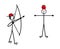 The little man in a red hat shoots a bow in the apple on the head of another person. Vector.