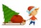 Little men in christmas nat carry tree and bag wit