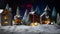 Little miniature city with road and lights. Decorative cute small houses in snow at night in winter. Creative Holiday concept.