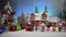 Little miniature city with road and lights. Decorative cute small houses in snow at night in winter. Creative Holiday concept.