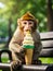 A little monkey with an ice cream cone sits on a bench