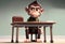 A little monkey sits at a school desk in a cartoon style. AI generated