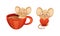 Little Mouse Character with Long Tail and Big Ears Holding Red Heart and Bathing in Coffee Cup Vector Set