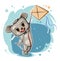 Little Mouse flying a kite in starry sky. Favorite childhood game. Cartoon style Young kid of animal. Vector isolated on