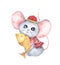 Little mouse holding a fish, Chinese New Year of the Rat. Watercolor illustration