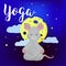 Little mouse sitting in Lotus position meditating behind her moon in the form of cheese and clouds with stars yoga
