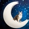 Little multicolored domestic cat at moon in starry background