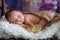 Little newborn baby boy, sleeping in wooden baby bed with little chick