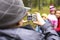 Little offspring shooting his family in park outside, lifestyle people concept