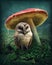 Little owl under mushroom