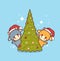 Little oxes in santa hats near christmas tree happy chinese new year 2021 greeting card cute cows mascot