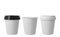 Little paper coffee cups with black and white lids. Open and closed small paper cup. Realistic vector mockup.