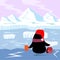 Little Penguin with hot tea sitting on the edge and looks at the drifting ice floe in the Arctic