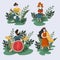 Little people who play musical instruments. Illustration with musicians and fruits.