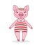 A little piglet in a cartoon style dressed in striped leotard