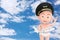 Little Pilot Concept. Cartoon Cute Baby Boy in Airline Pilots Hat and Modern Passenger Airplane in Hand. 3d Rendering