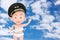 Little Pilot Concept. Cartoon Cute Baby Boy in Airline Pilots Hat and Modern Passenger Airplane in Hand. 3d Rendering