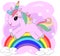 A little pink cute cartoon Unicorn on a clearing with a rainbow, flowers, sun. Postcard, spring, magic