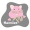 A little pink hamster eats grain and stuffs his cheeks with a food. Kid hamster in flat style. Text hamster in an brown