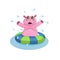 Little pink hippopotamus with swimming circle. Cartoon