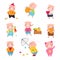 Little Pink Pig Character Engaged in Different Activity Vector Set