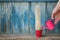 Little pink watering can in a female hand watering cactus. Old w