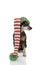 LITTLE PINSCHER DOG WEARING A STRIPED ELF CHRISTMAS HAT. ISOLATE