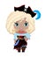 little pirate girl in a hat with a feather, boots, pirate outfit, with a sword and a treasure map. With blonde hair and blue eyes