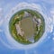 Little planet 360 degree sphere. Panorama of aerial view of River Kwai Bridge with train rail way with Chao Phraya River, Tha Ma