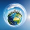 little planet Earth surrounded by best landmarks on plain background with copy