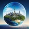 little planet Earth surrounded by best landmarks on plain background with copy